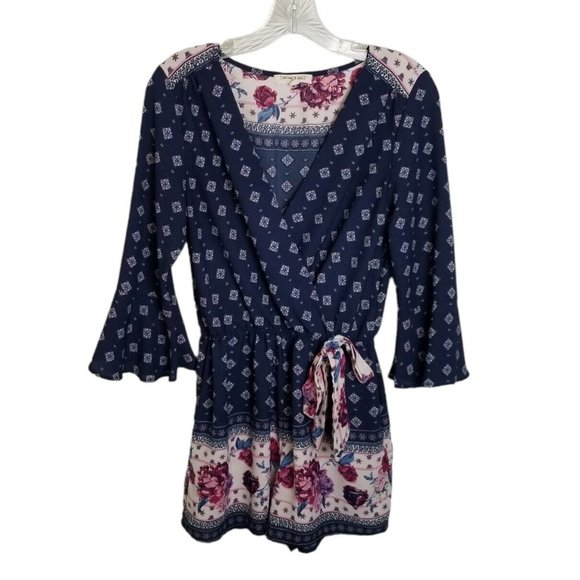 Living Doll Romper Women's M Blue & White Printed Floral Pockets Bell Sleeve Bow - Picture 2 of 12